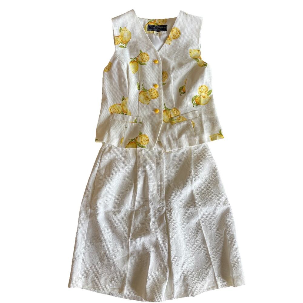 VTG Norton McNaughton Set White Lemon Vest And Shorts Retro 80s Womens 8 Petite
